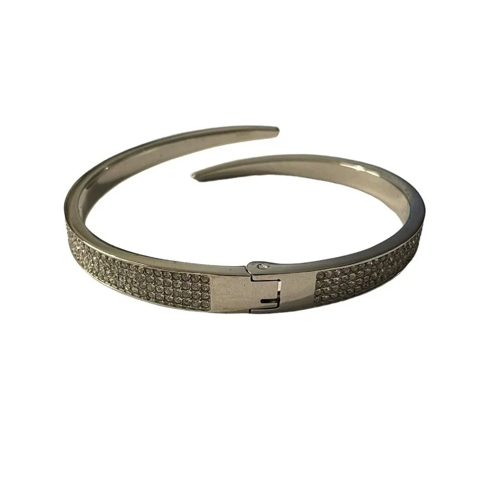 Michael Kors‎ Open Silver Plated Matchstick Hinge Bangle Bracelet Rhinestone